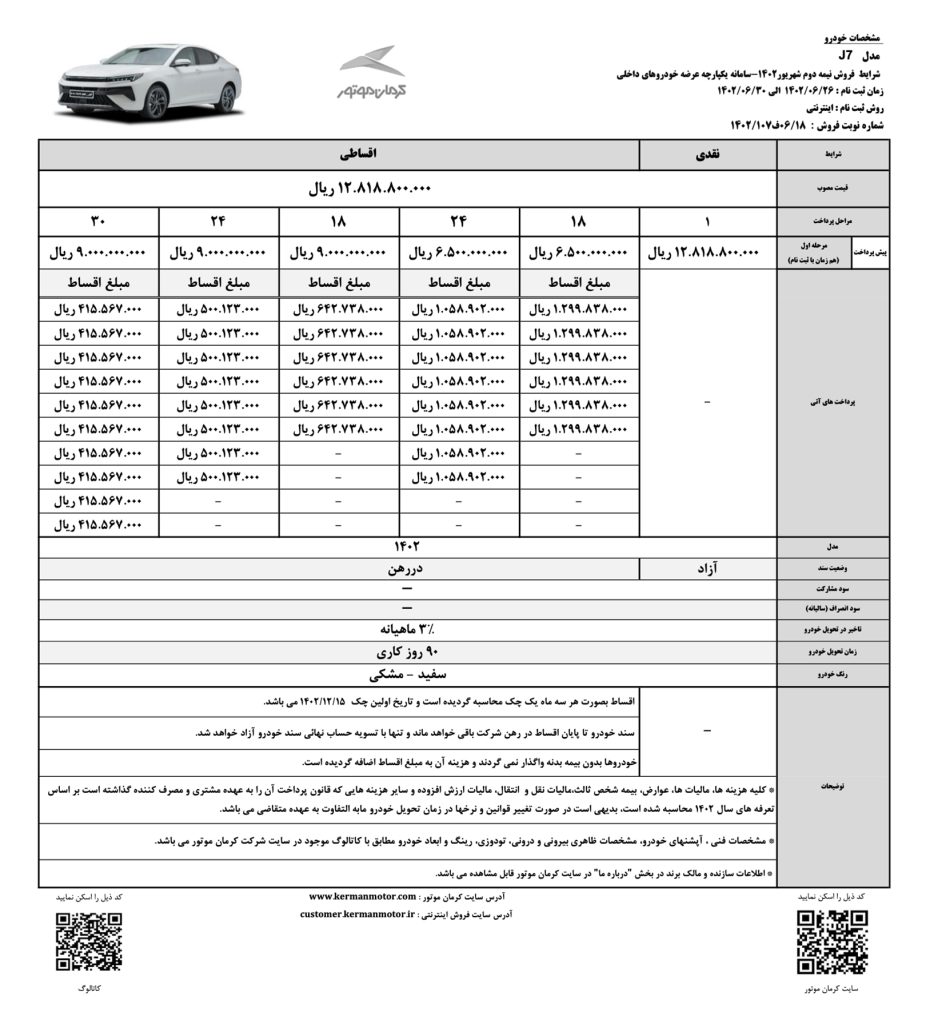 شرایط پیش فروش کی ام سی J7 - شهریور 1402