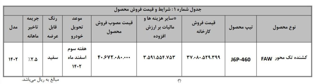 شرایط فروش کشنده FAW J6